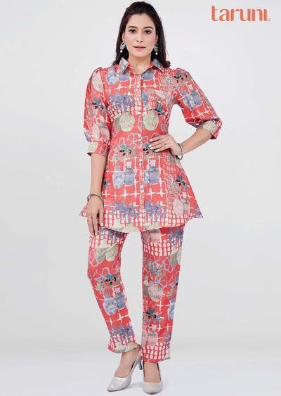 Coral Linen Cotton Printed Co-Ord Set