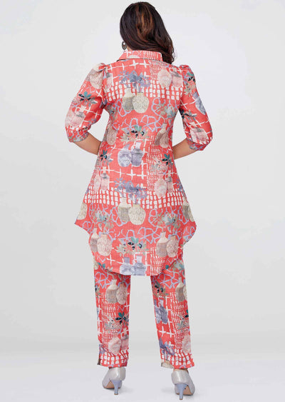Coral Linen Cotton Printed Co-Ord Set