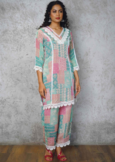 Sea Green & Pink Chinnon Printed Co-Ord Set