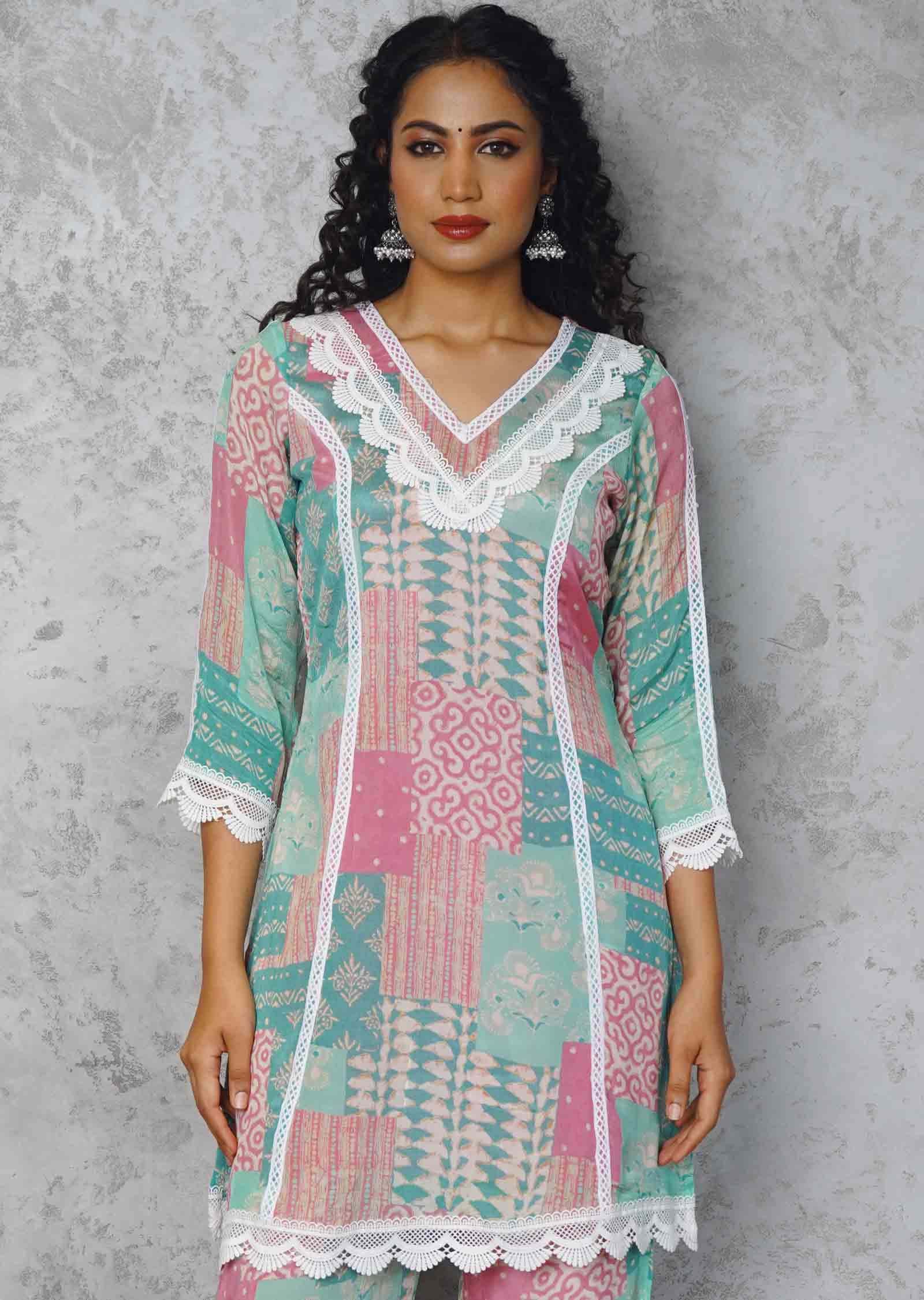 Sea Green & Pink Chinnon Printed Co-Ord Set