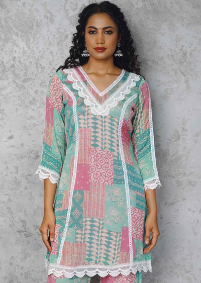 Sea Green & Pink Chinnon Printed Co-Ord Set