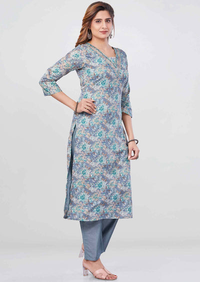 Grey Cotton Printed Kurti Sets