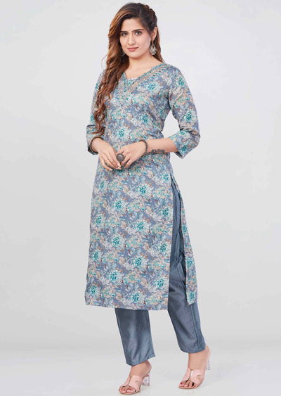 Grey Cotton Printed Kurti Sets
