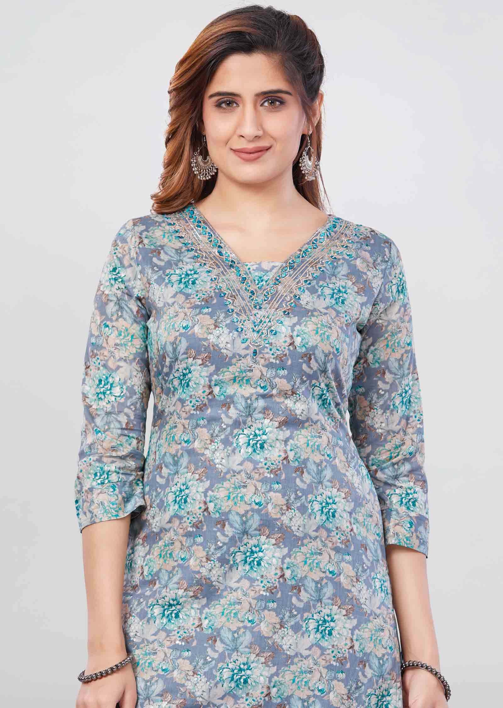 Grey Cotton Printed Kurti Sets