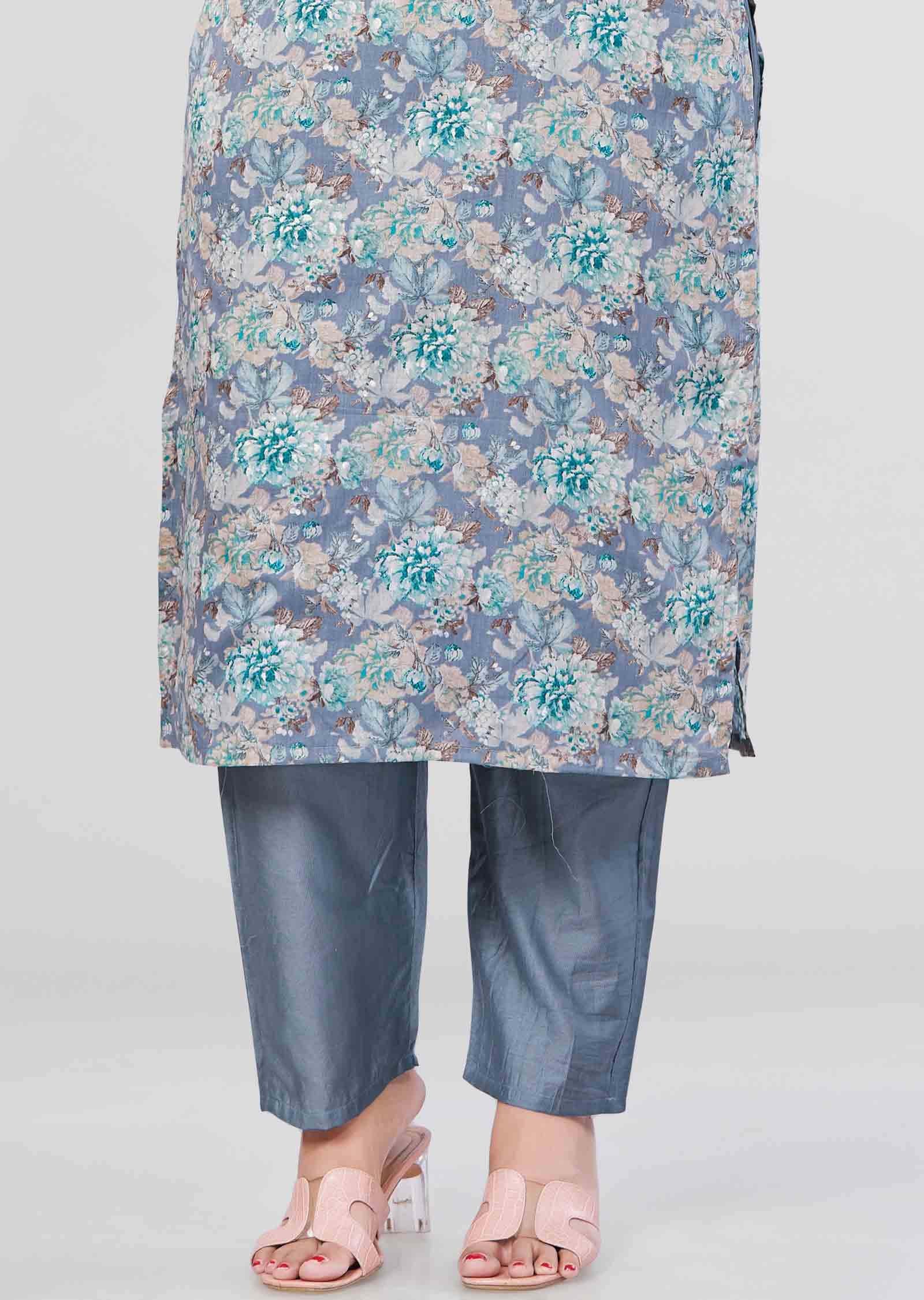 Grey Cotton Printed Kurti Sets