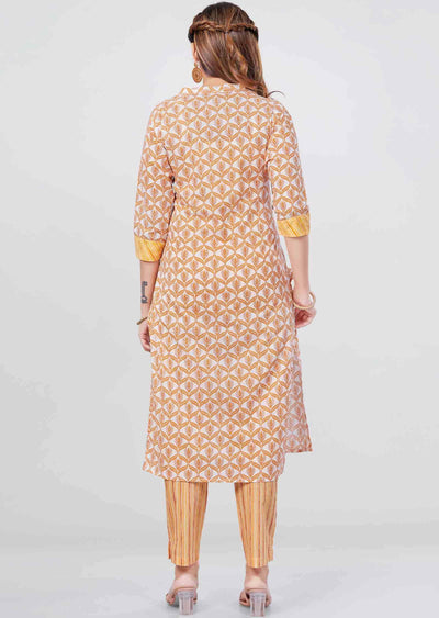 Off White/Orange Cotton Printed Kurti Sets