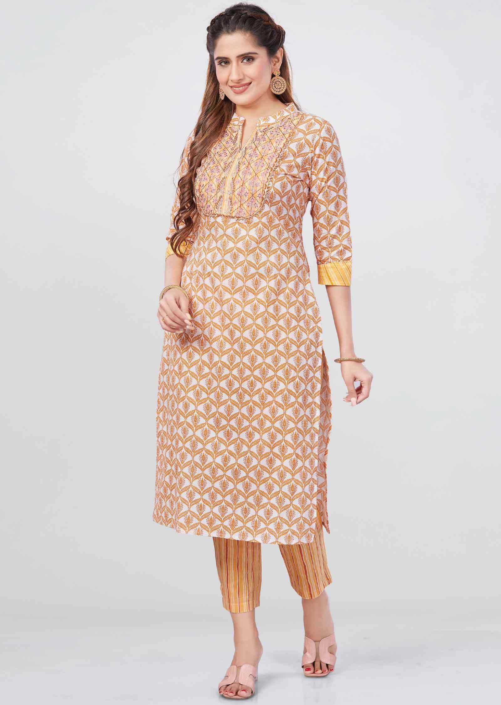 Off White/Orange Cotton Printed Kurti Sets