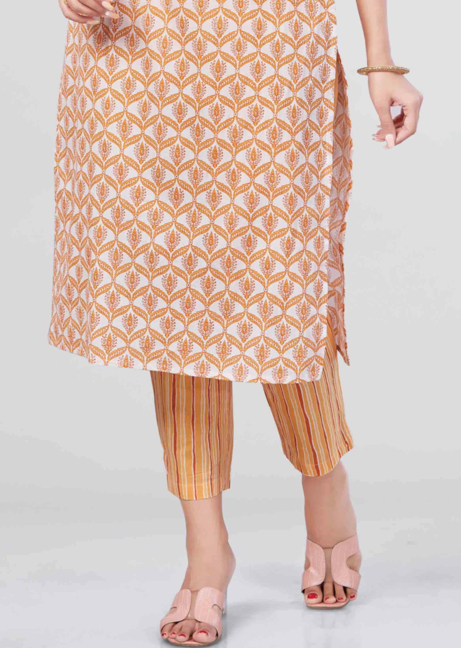 Off White/Orange Cotton Printed Kurti Sets