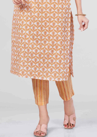 Off White/Orange Cotton Printed Kurti Sets