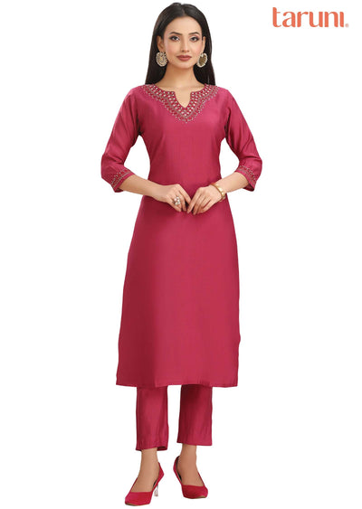 Dark Pink Chanderi Mirror work Kurti Sets