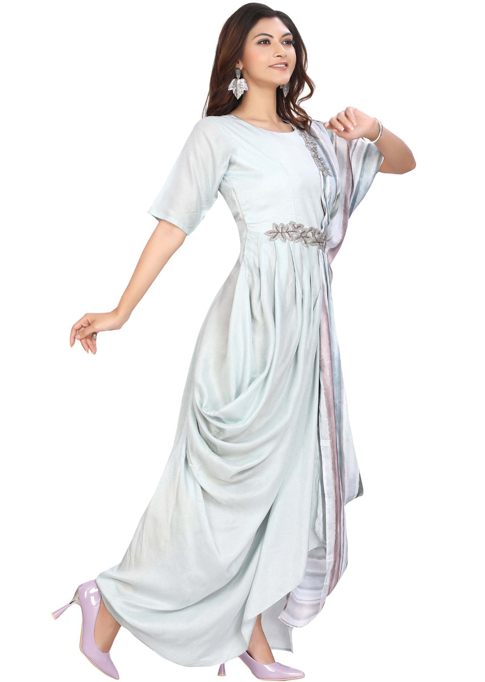 Dusty Blue Silk Printed Kurti