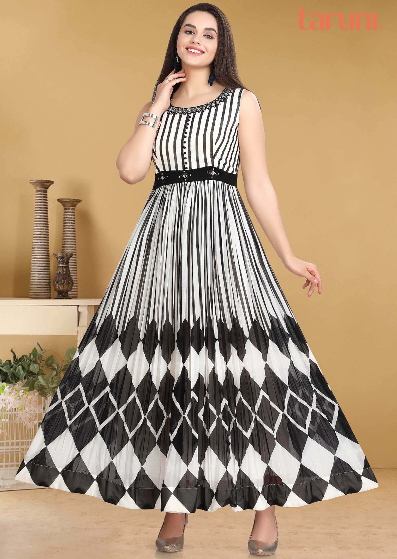 White & Black georgette Embroidered Kurti Full legth