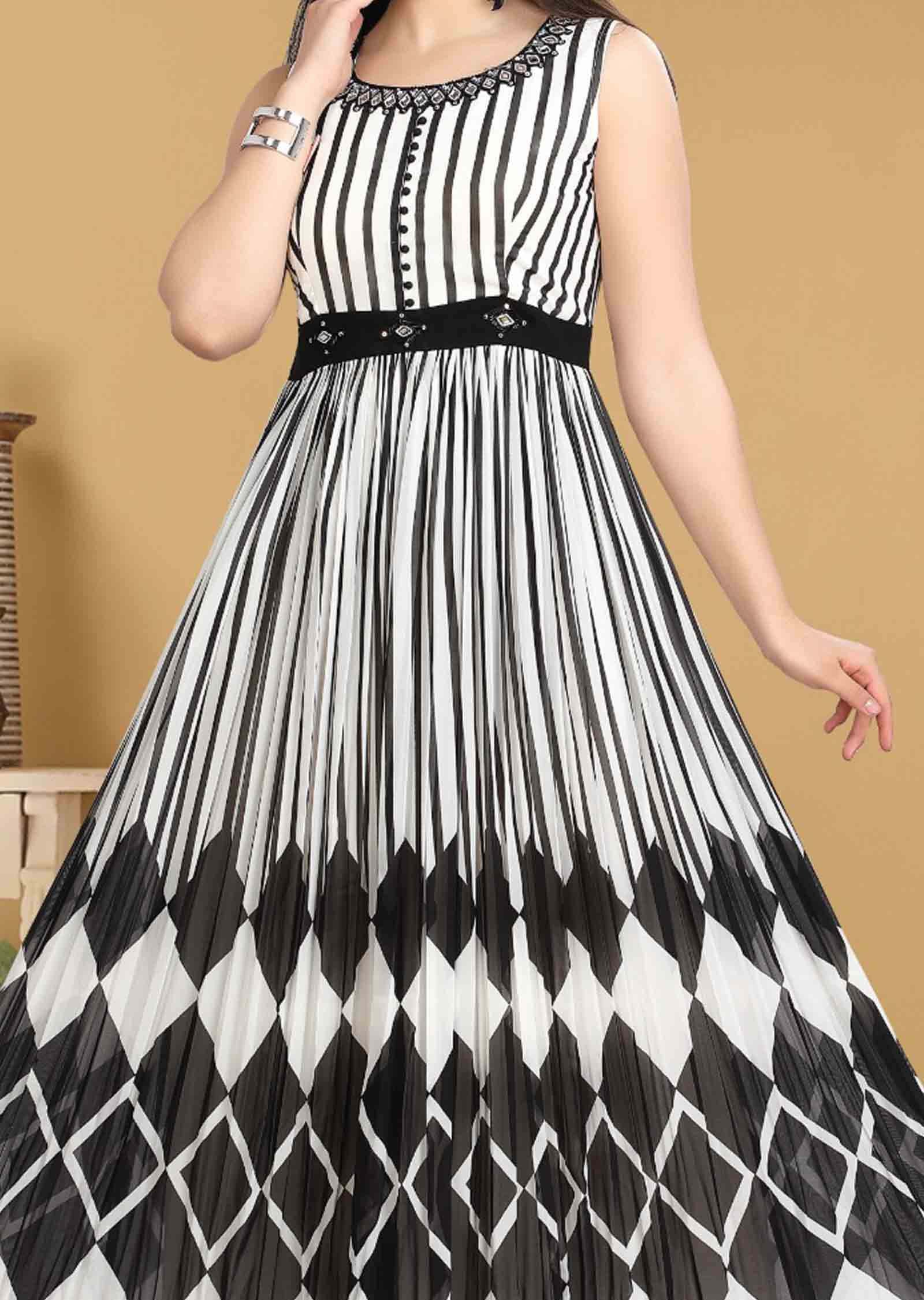 White & Black georgette Embroidered Kurti Full legth