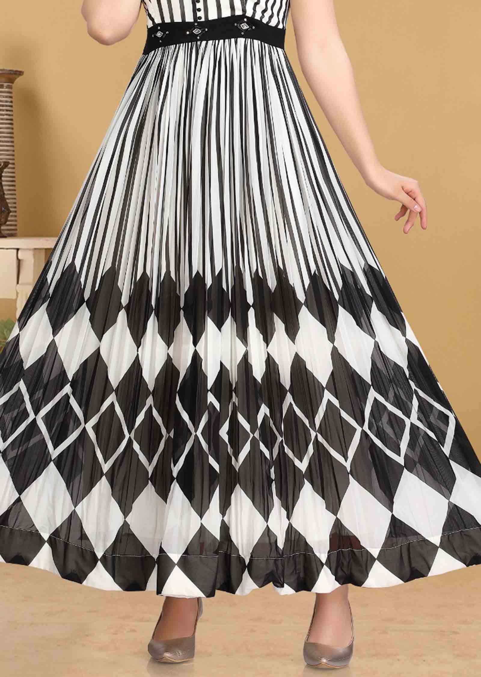 White & Black georgette Embroidered Kurti Full legth