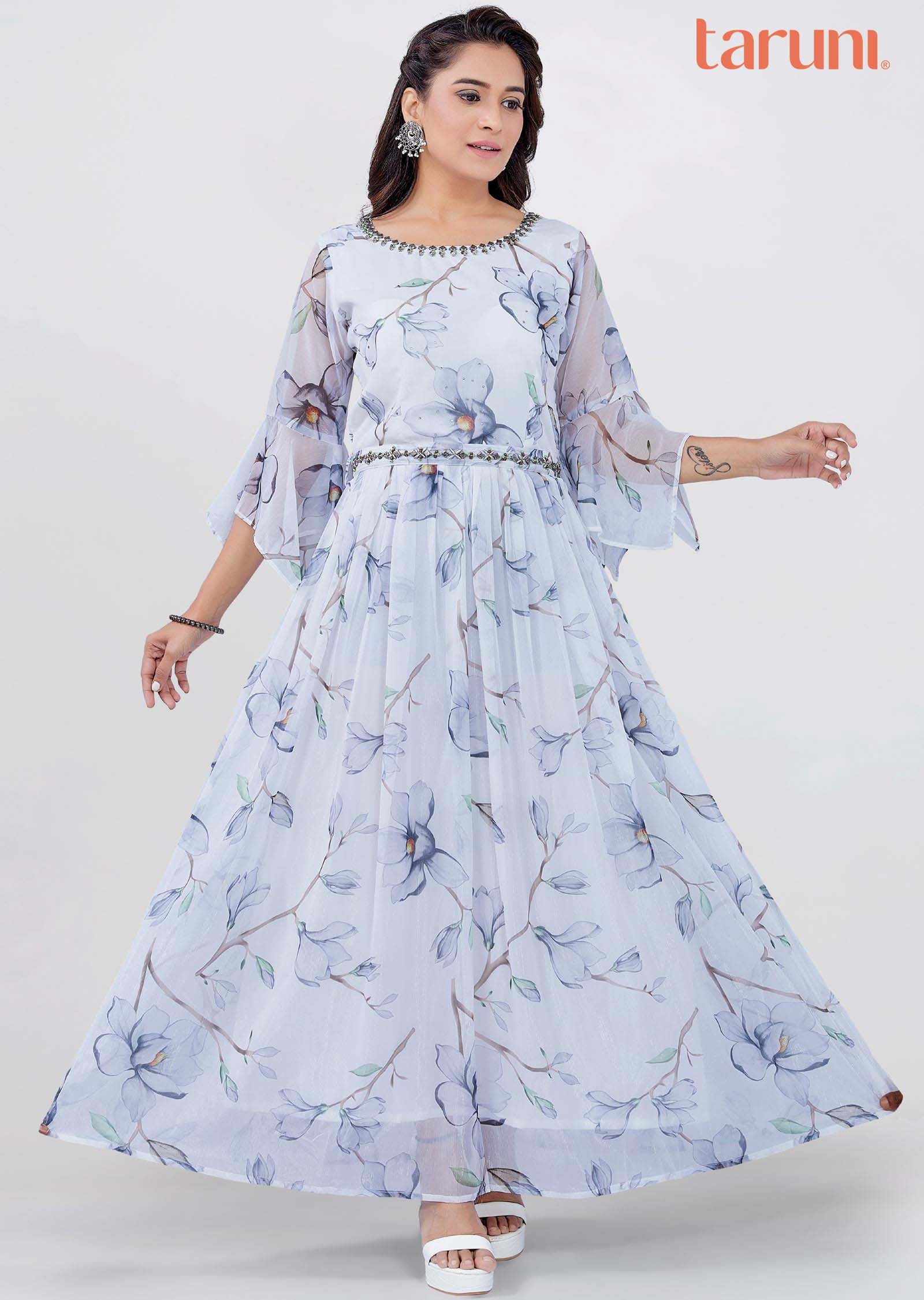 Off White Chiffon Printed Kurti Full legth