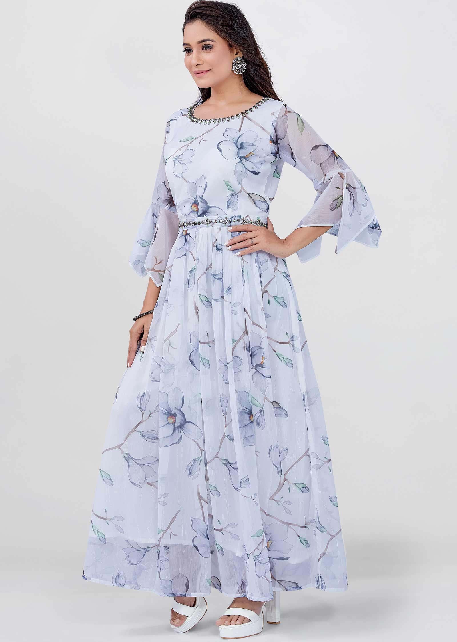 Off White Chiffon Printed Kurti Full legth