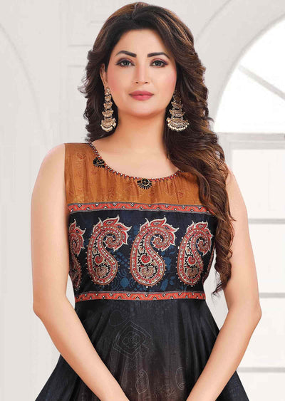 Mustard & Navy Blue Silk Printed Kurti Full legth