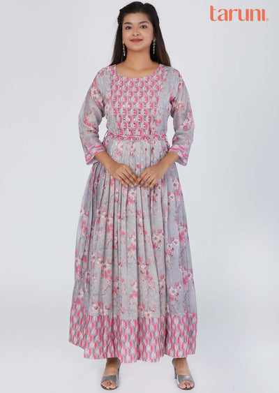 Light Grey Banaras Chanderi Sequins Full Length Kurti