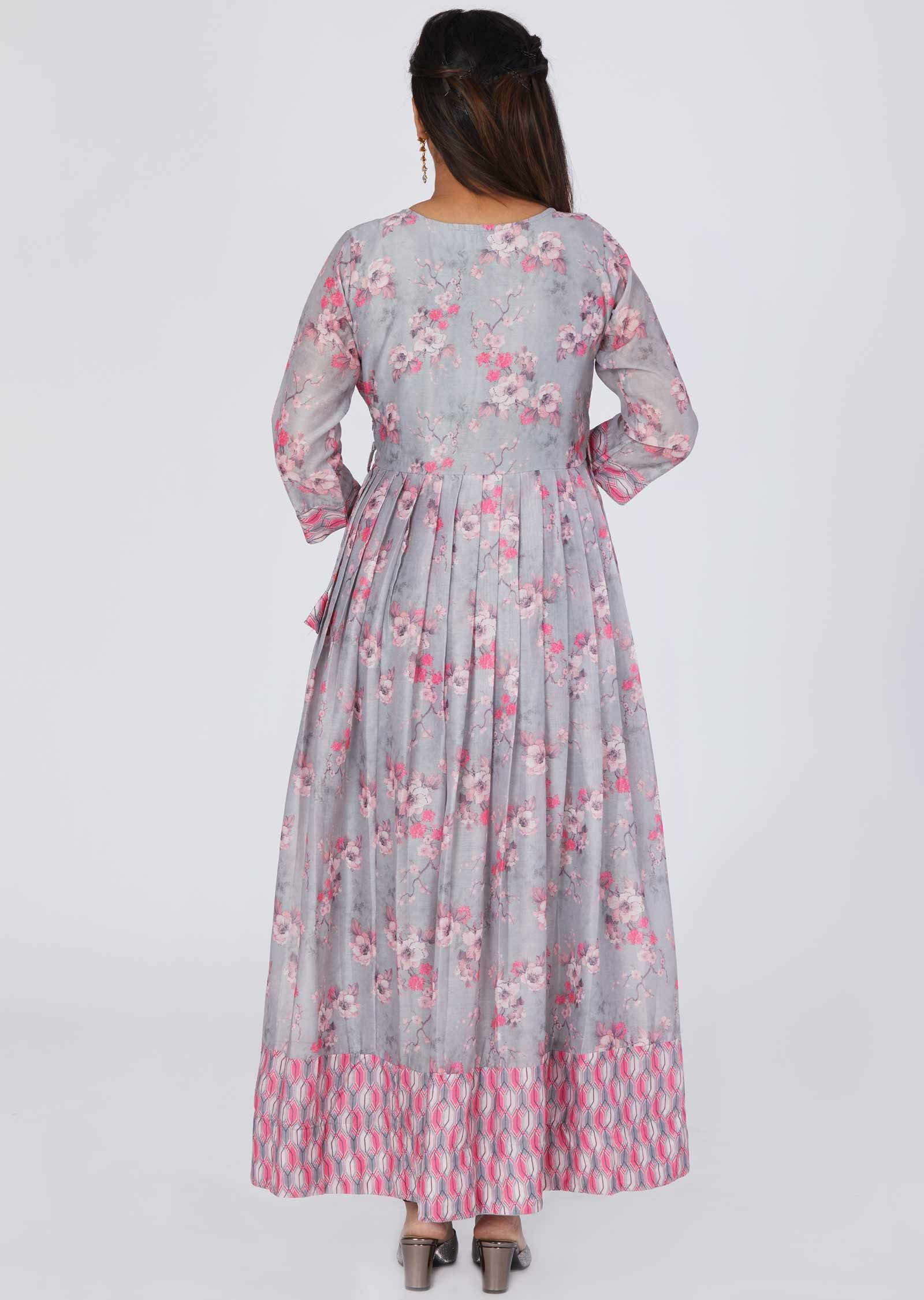 Light Grey Banaras Chanderi Sequins Full Length Kurti