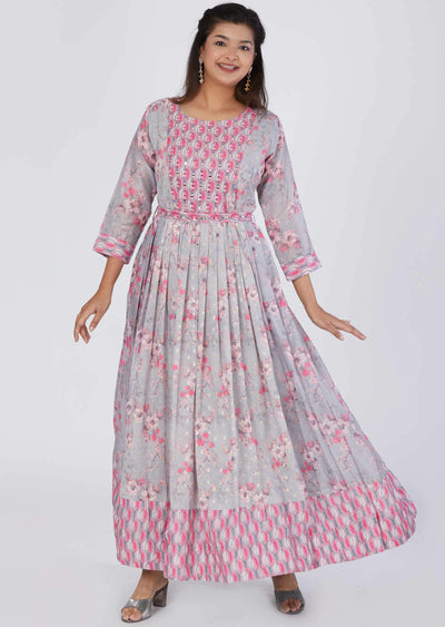 Light Grey Banaras Chanderi Sequins Full Length Kurti