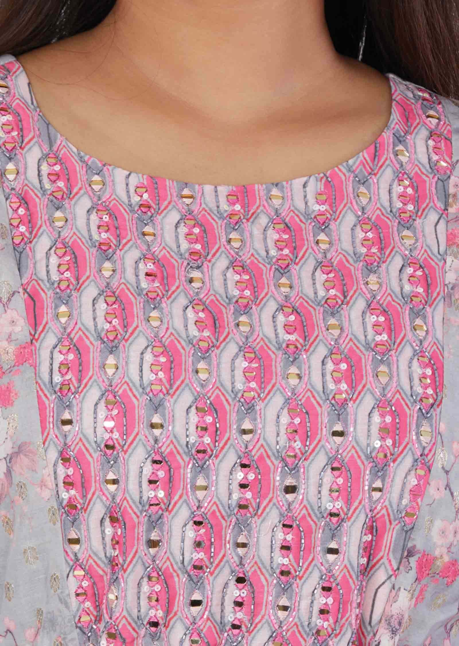 Light Grey Banaras Chanderi Sequins Full Length Kurti