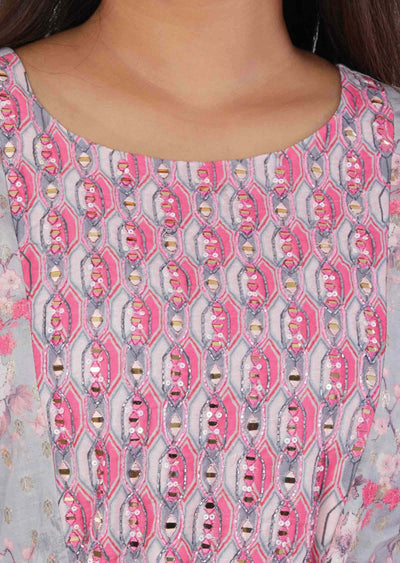 Light Grey Banaras Chanderi Sequins Full Length Kurti