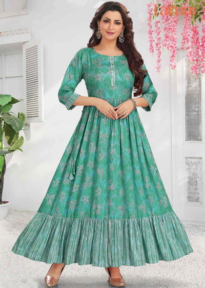 Sea Blue Reyon Sequins Kurti Full legth