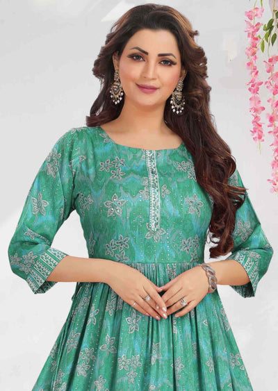 Sea Blue Reyon Sequins Kurti Full legth