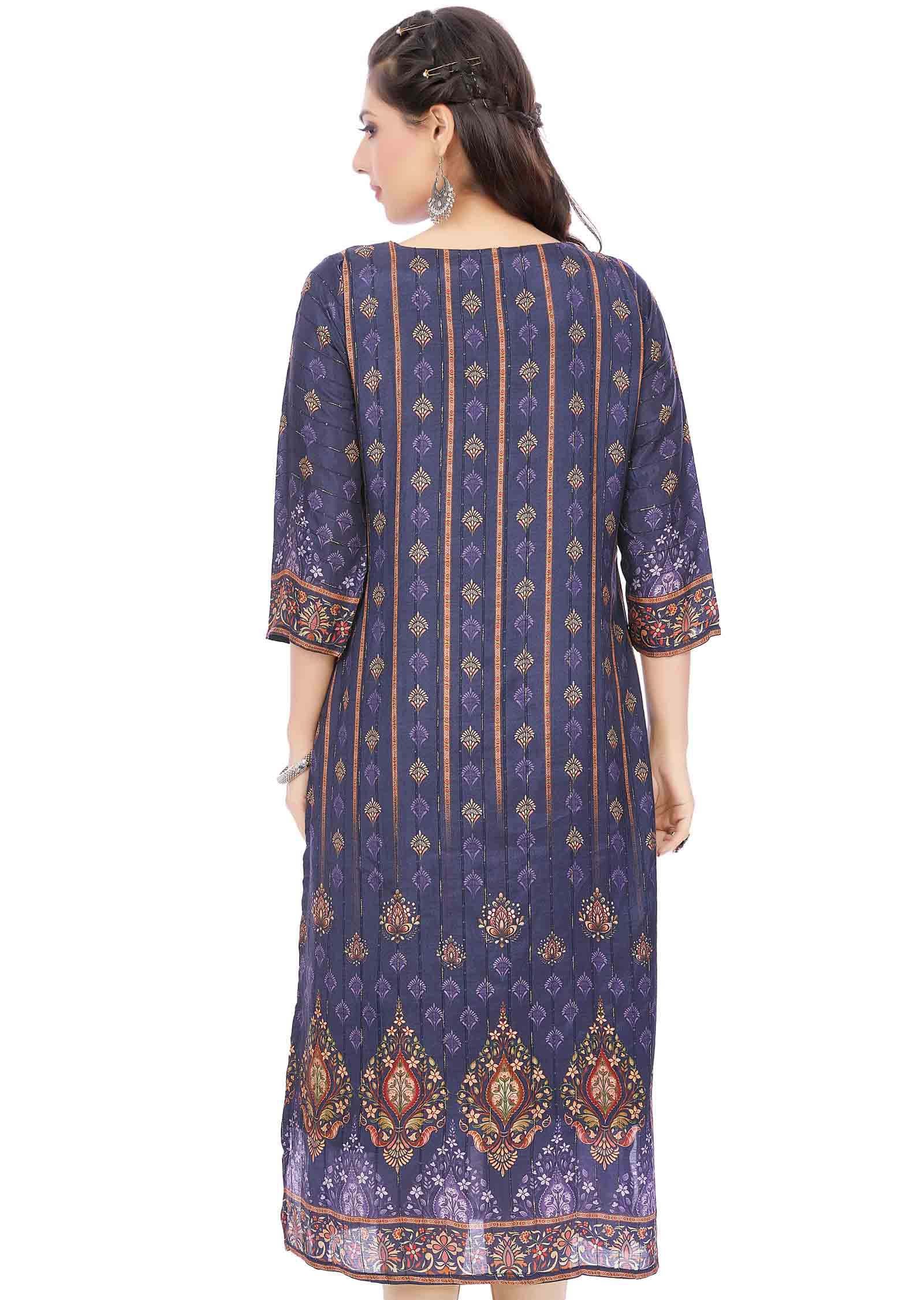 Navy Blue Dola Silk Printed Straight Cut Kurti