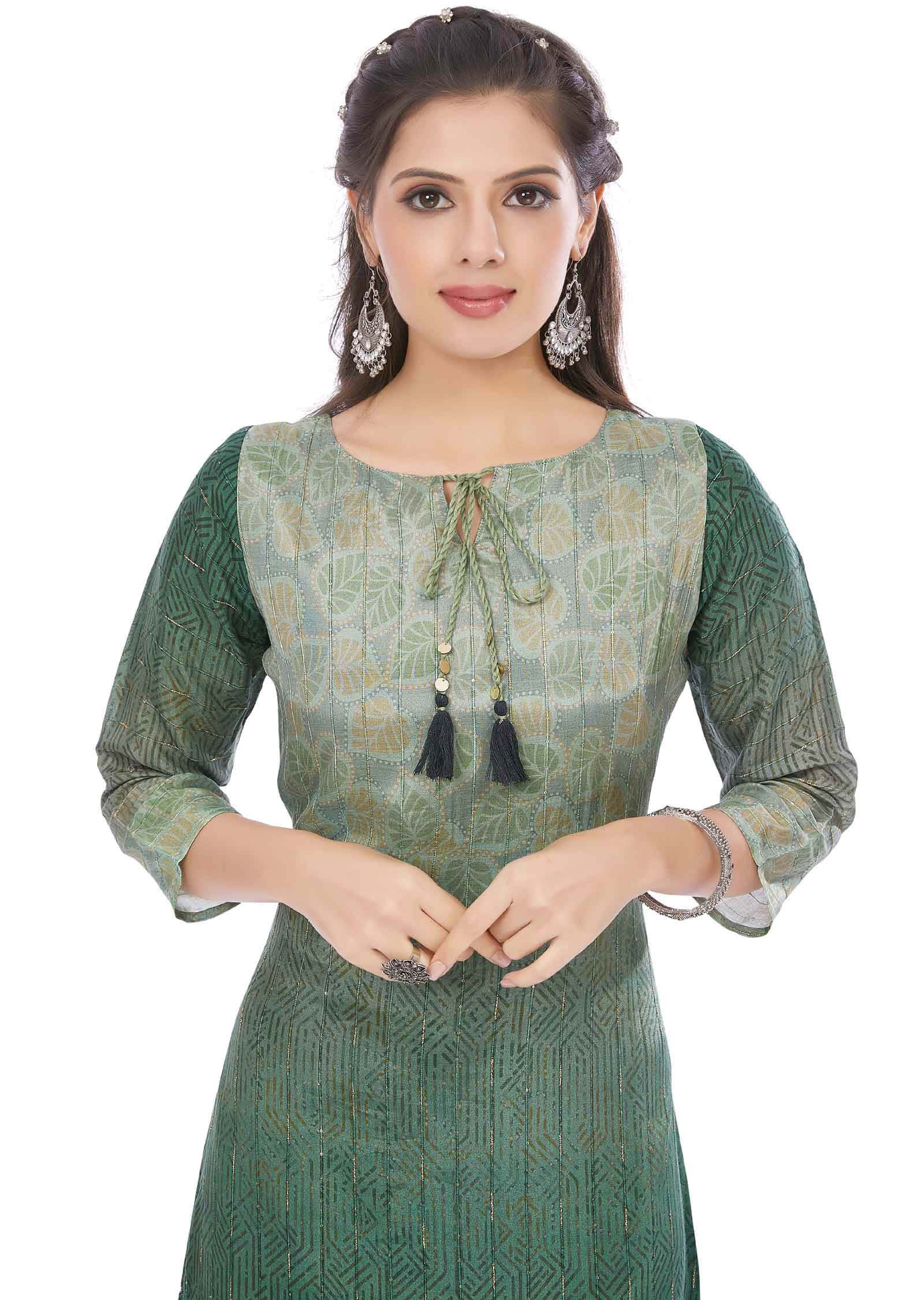 Green Dola Silk Sequins Straight Cut Kurti