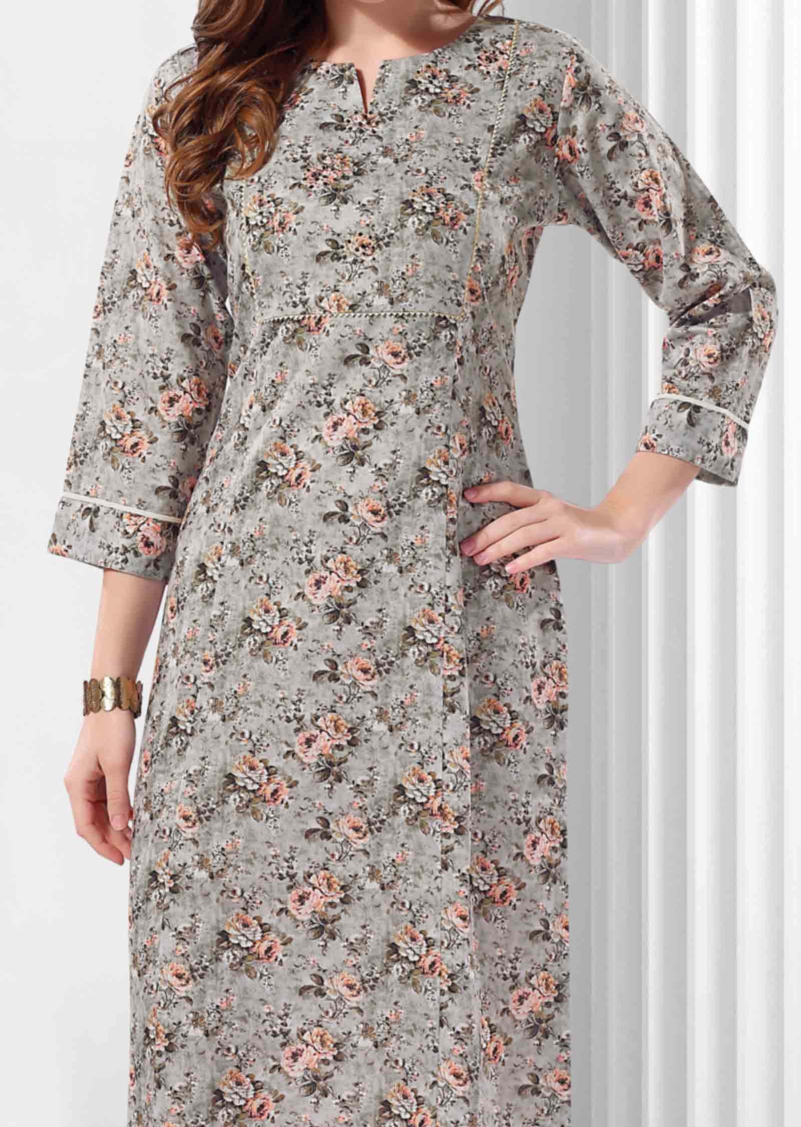 Light Grey Linen Cotton Sequins Straight Cut Kurti