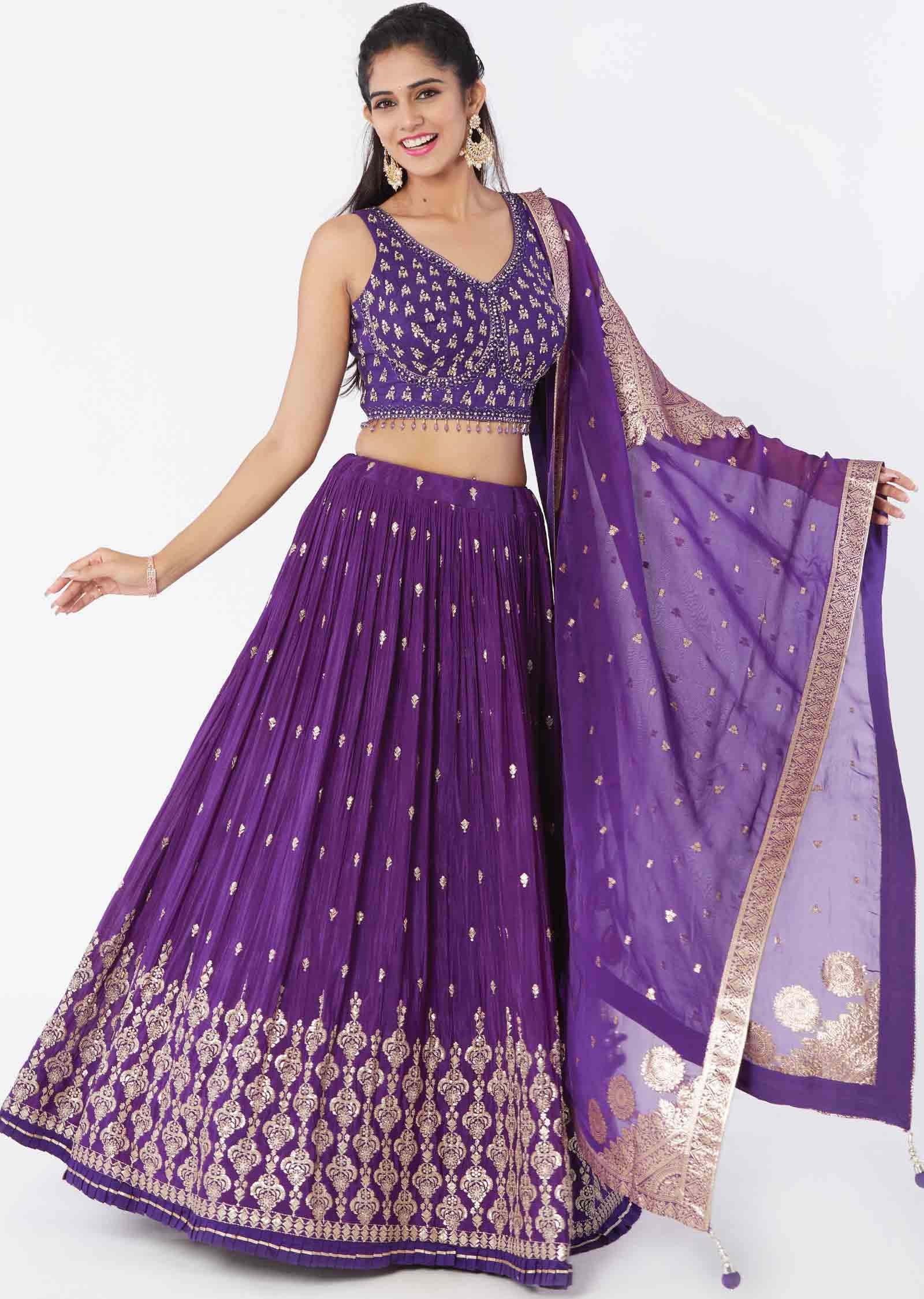 Purple Silk/chinnon Sequins lehenga