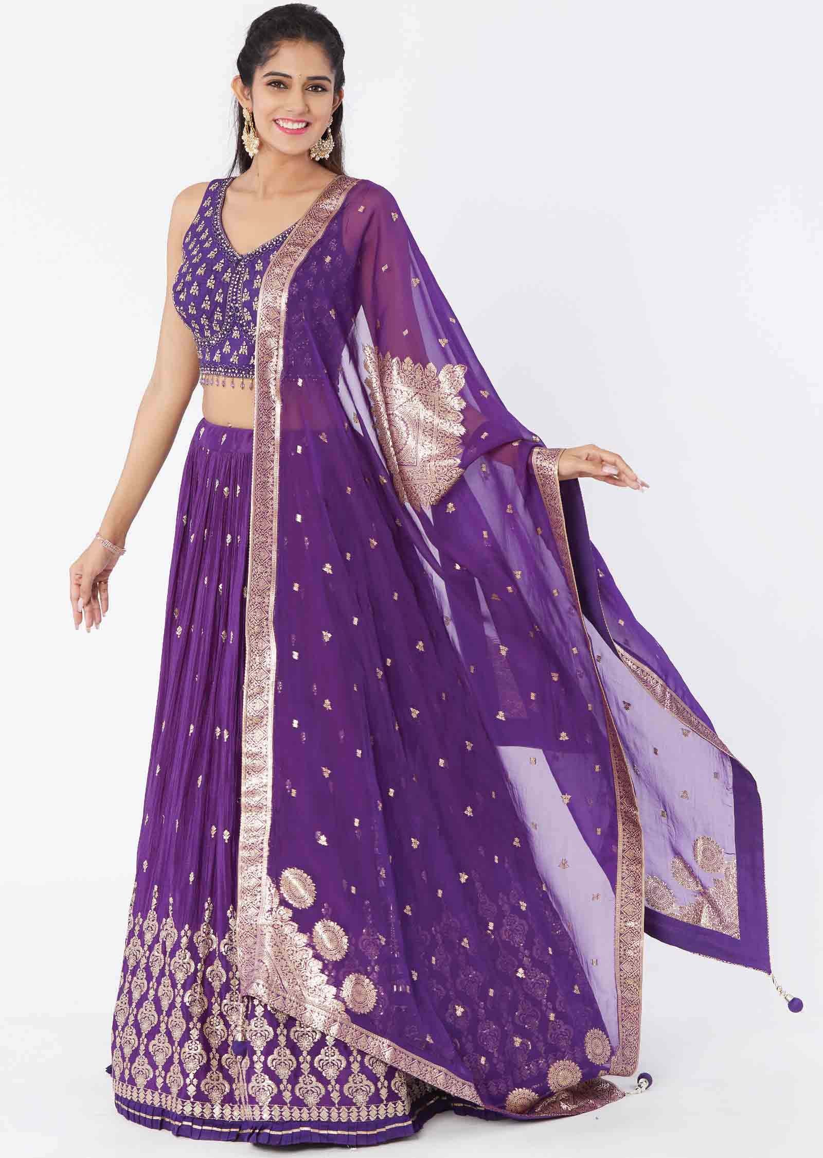 Purple Silk/chinnon Sequins lehenga