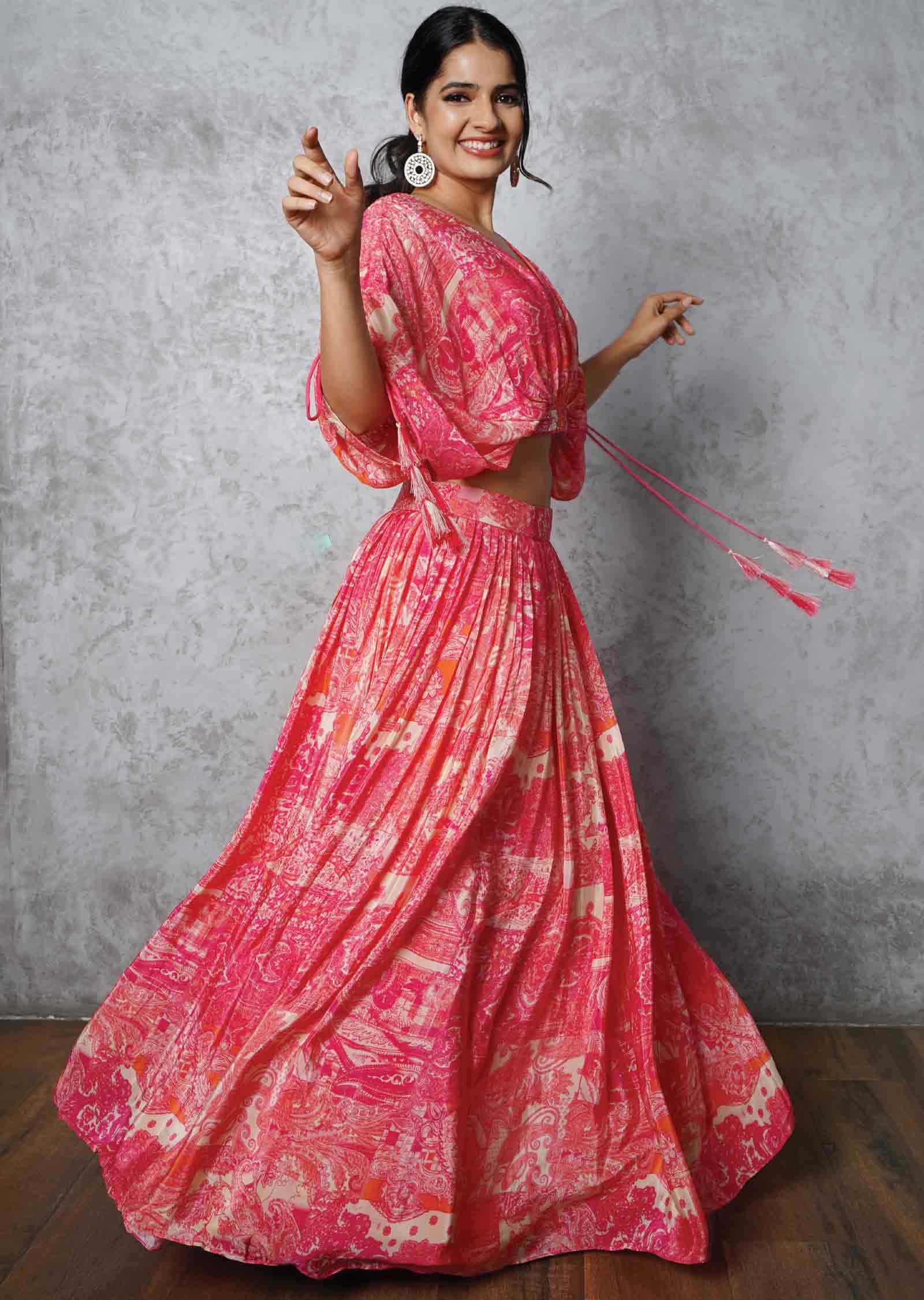 Beige & Pink Crepe Printed Crop Top