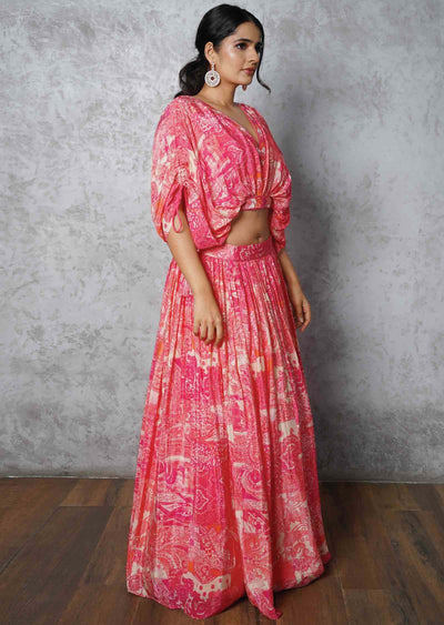 Beige & Pink Crepe Printed Crop Top