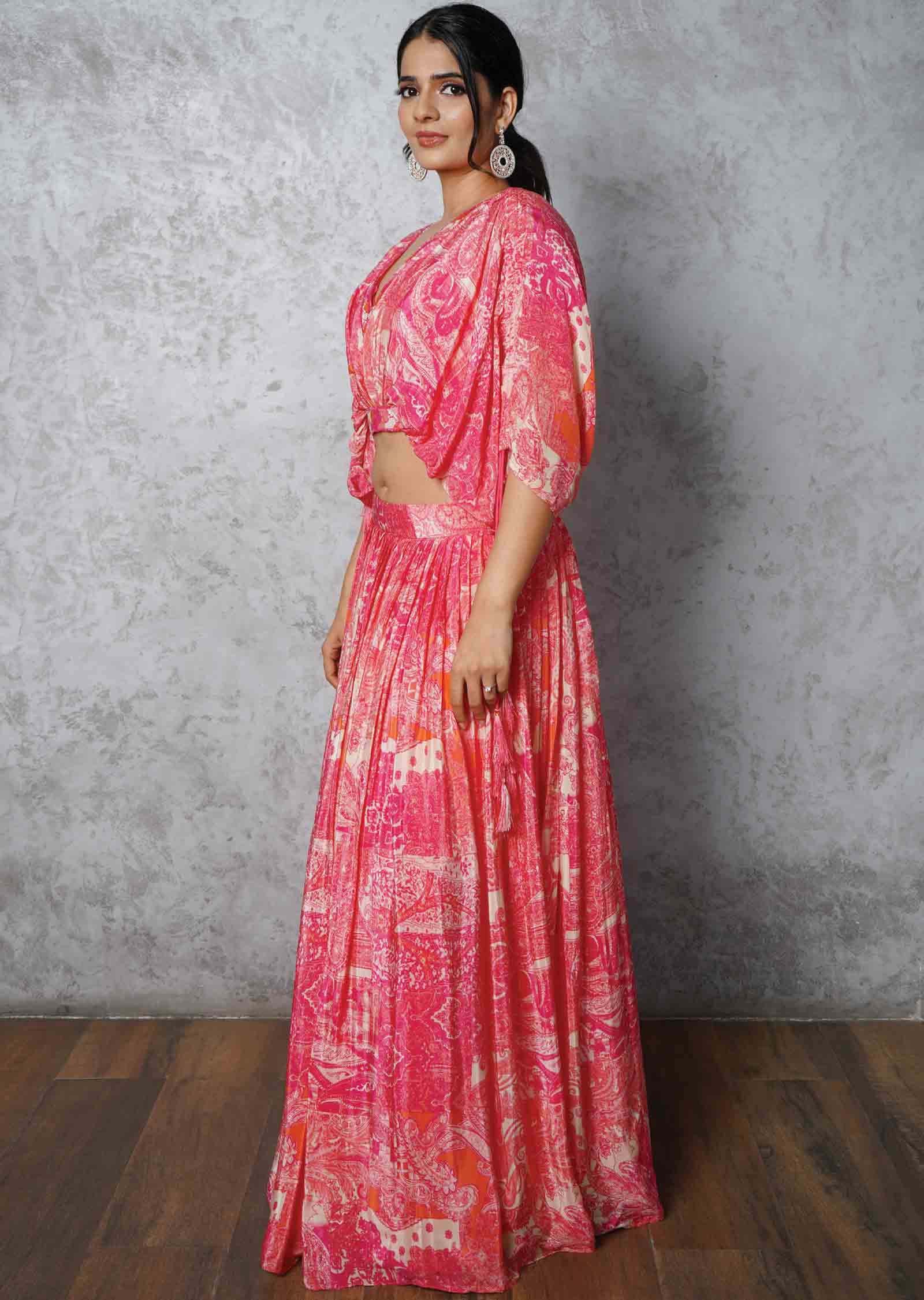 Beige & Pink Crepe Printed Crop Top