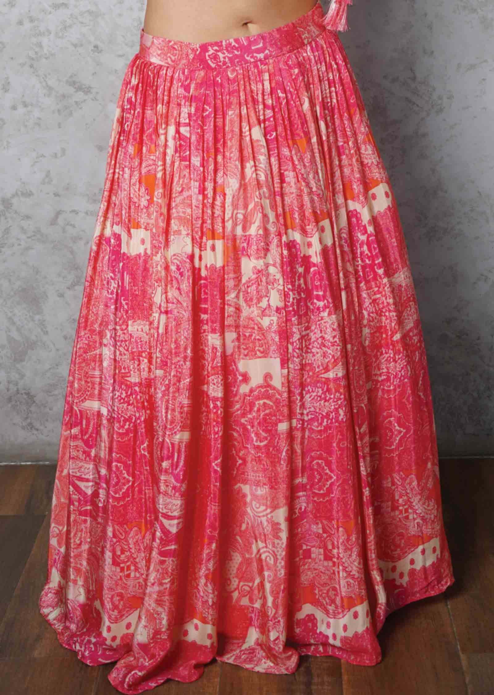 Beige & Pink Crepe Printed Crop Top