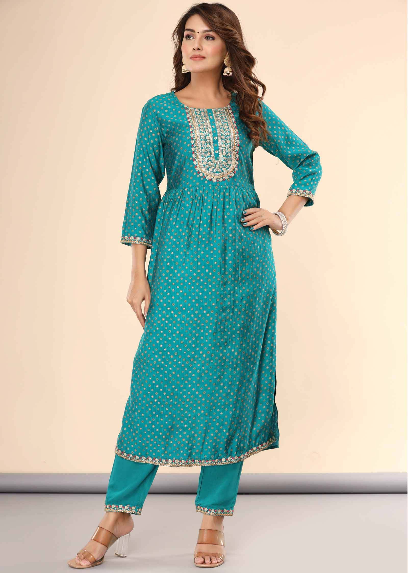 Rama Green Modal Sequins Straight cut suits