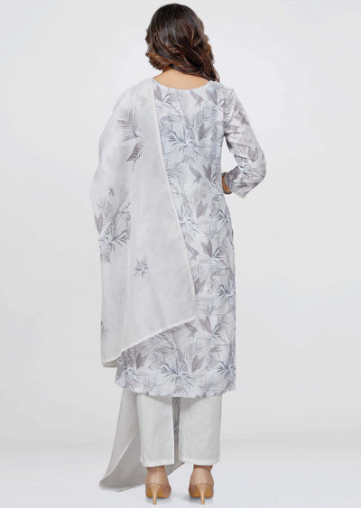 Light Grey Linen Cotton Printed Straight cut suits