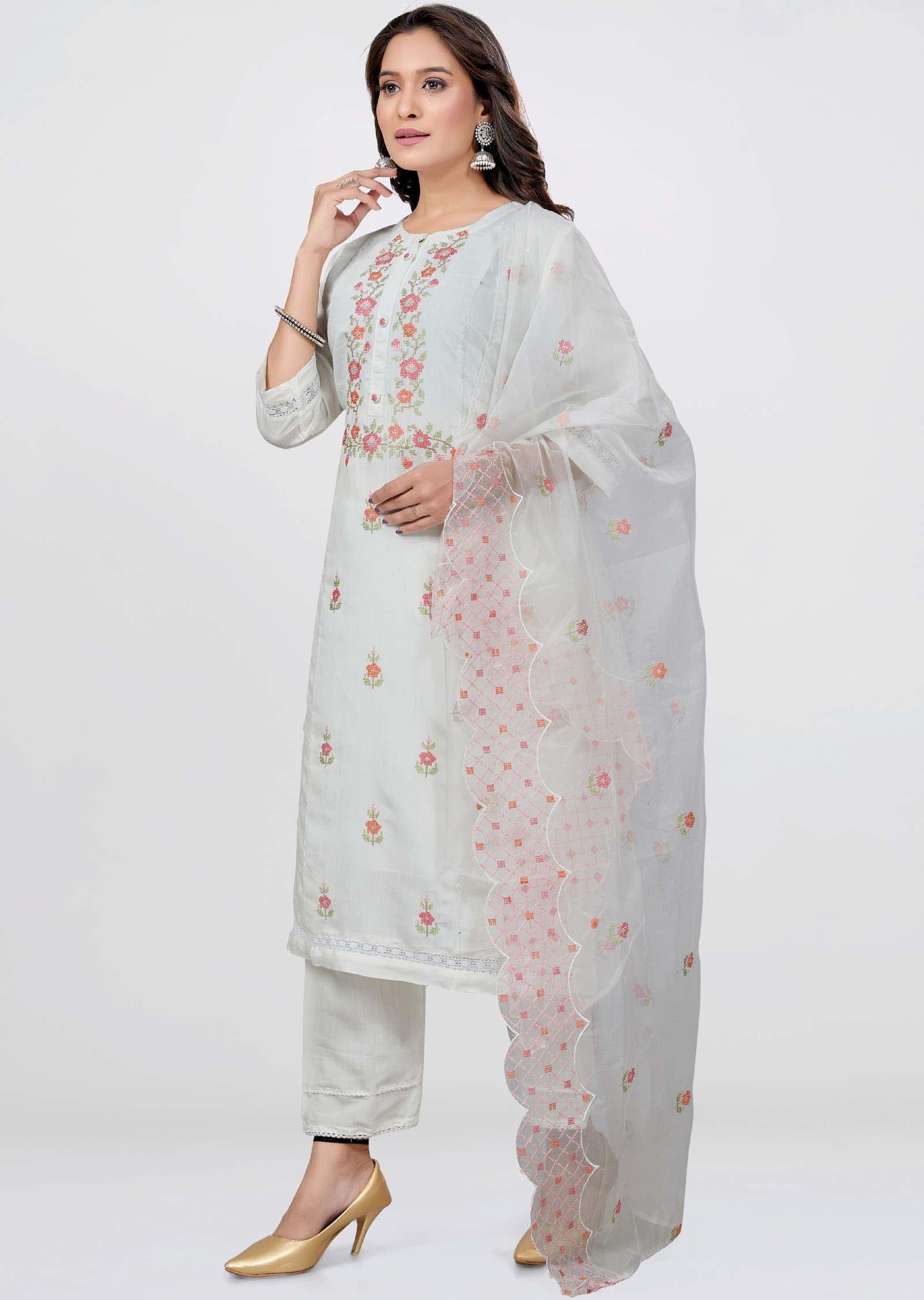 Off White Chanderi Straight cut suits