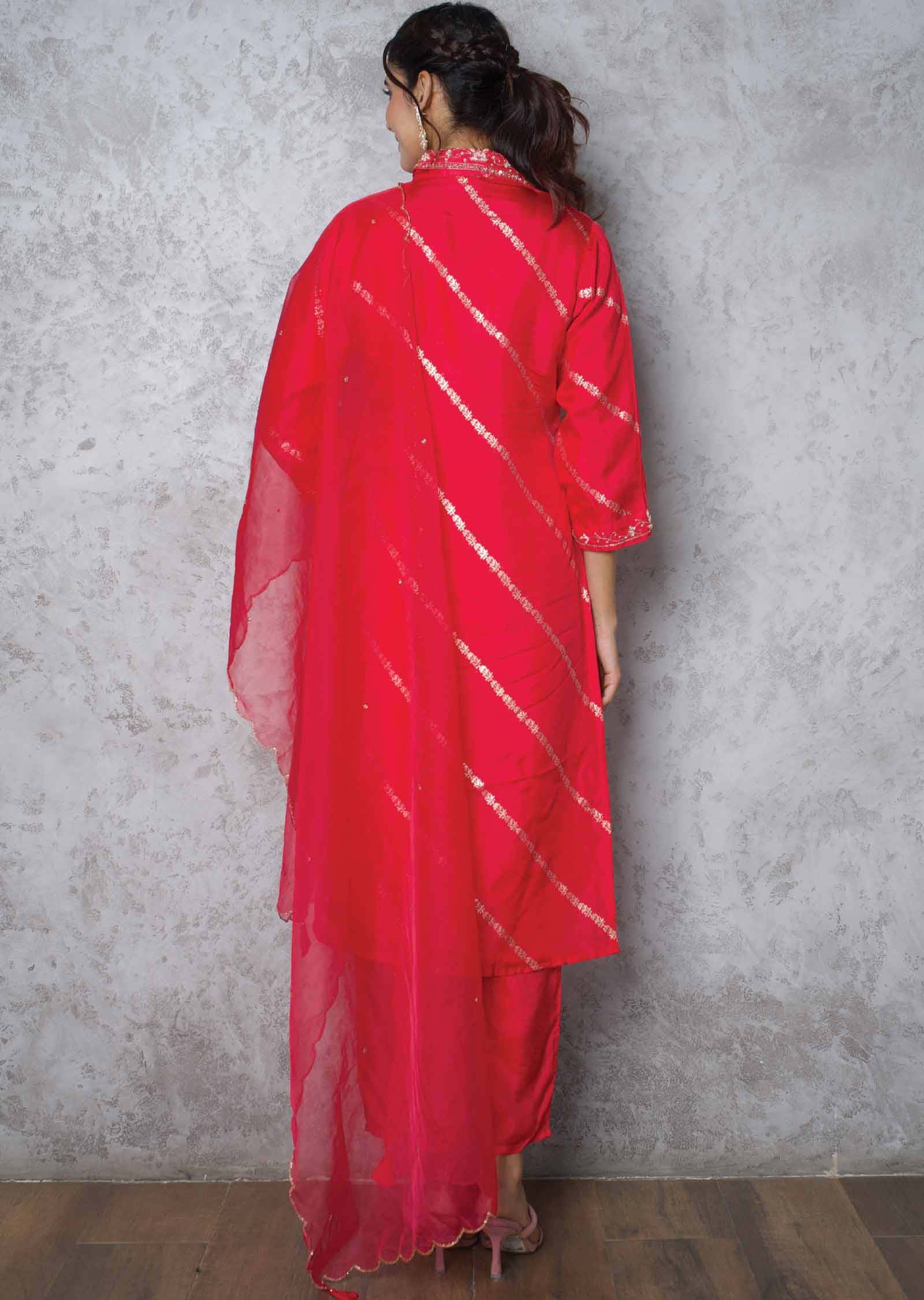 Rani Pink Banaras Zardosi & Embroidered Straight cut suits