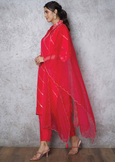 Rani Pink Banaras Zardosi & Embroidered Straight cut suits