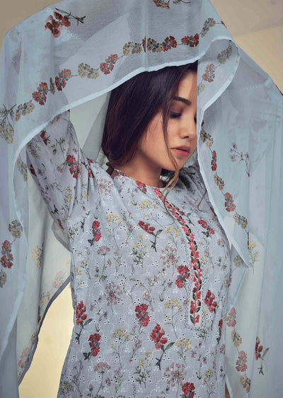 Light Blue Schiffli Cotton Embroidered Straight cut suits