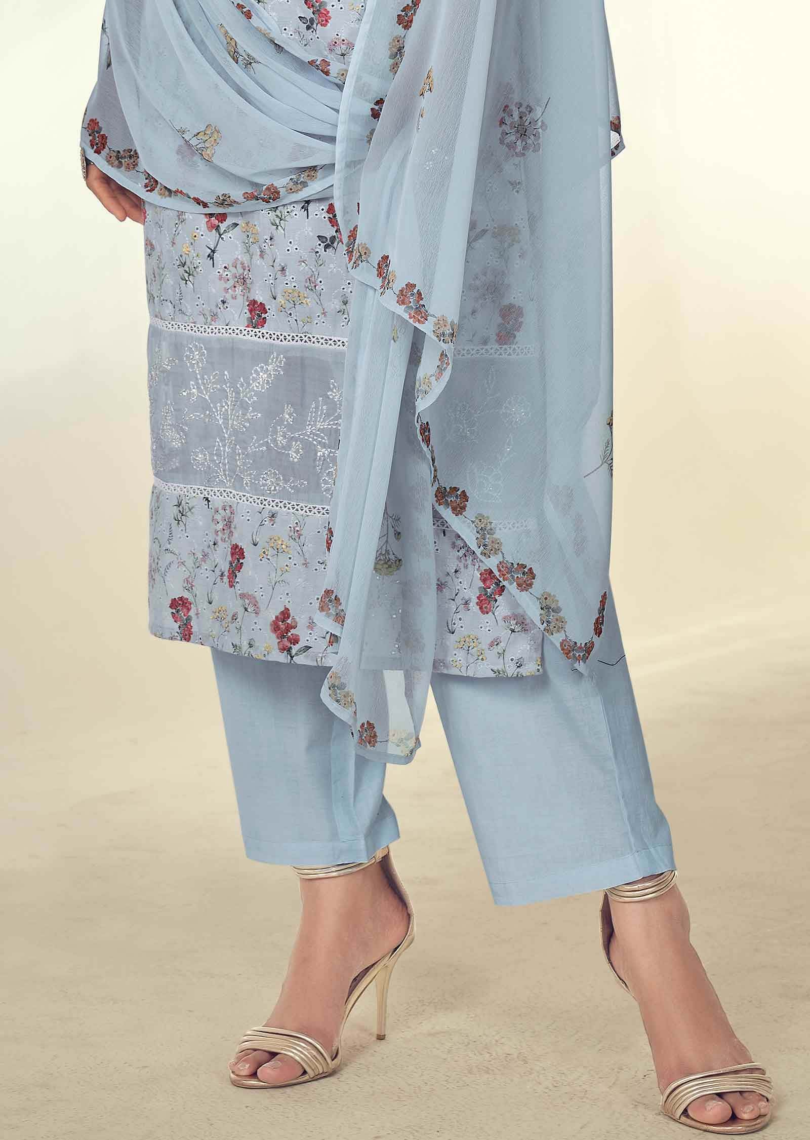 Light Blue Schiffli Cotton Embroidered Straight cut suits