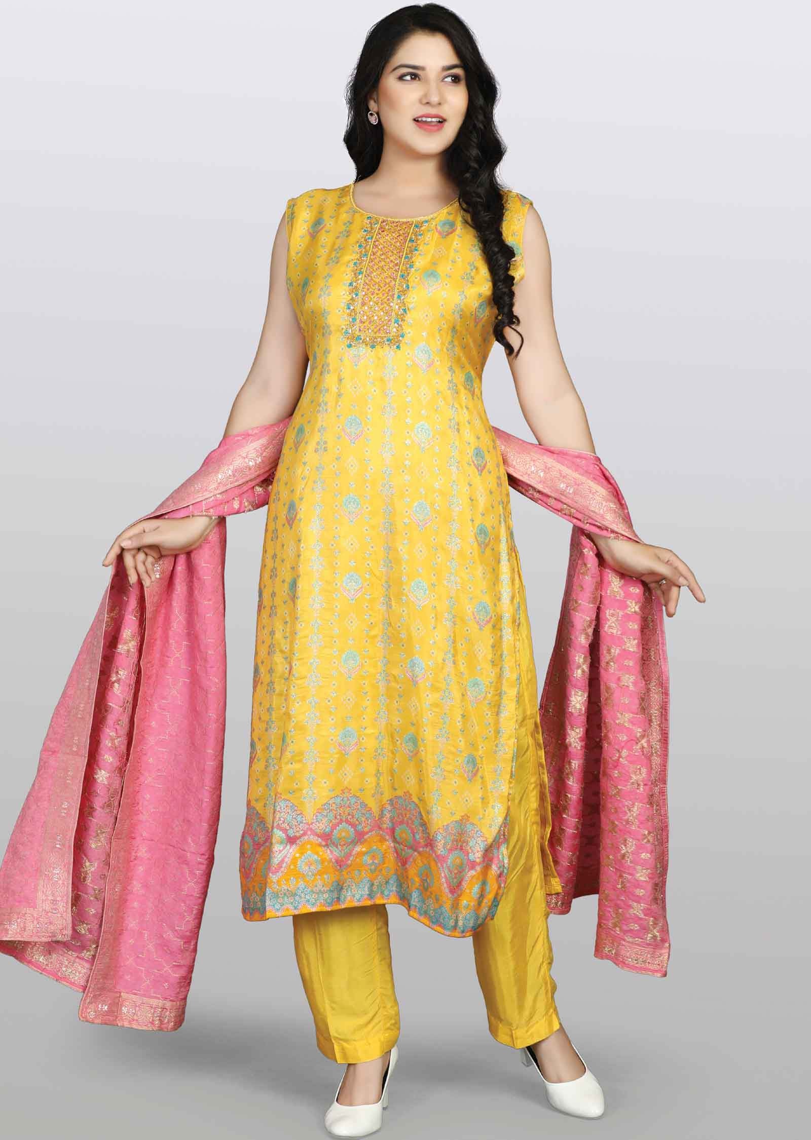 Yellow Banaras Zardosi & Embroidered Straight cut suits