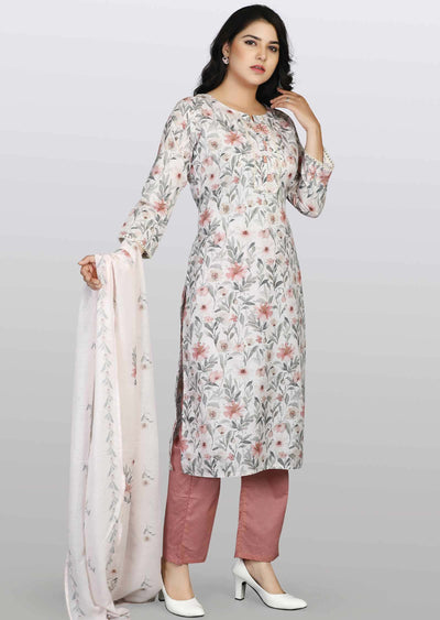 Light Beige Linen Cotton Printed Straight cut suits