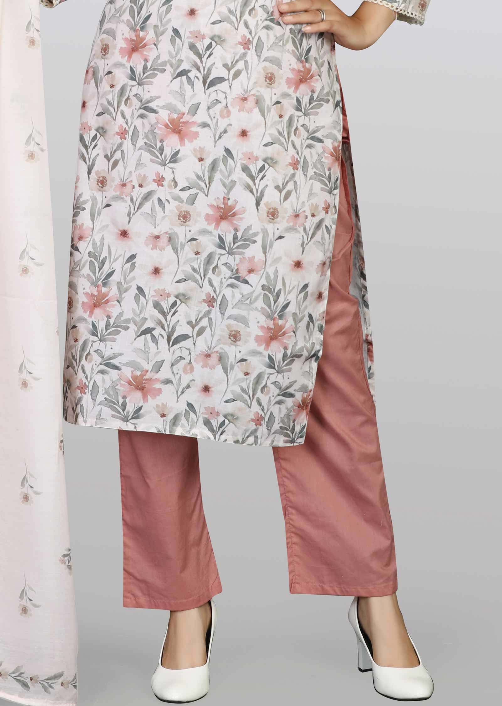 Light Beige Linen Cotton Printed Straight cut suits