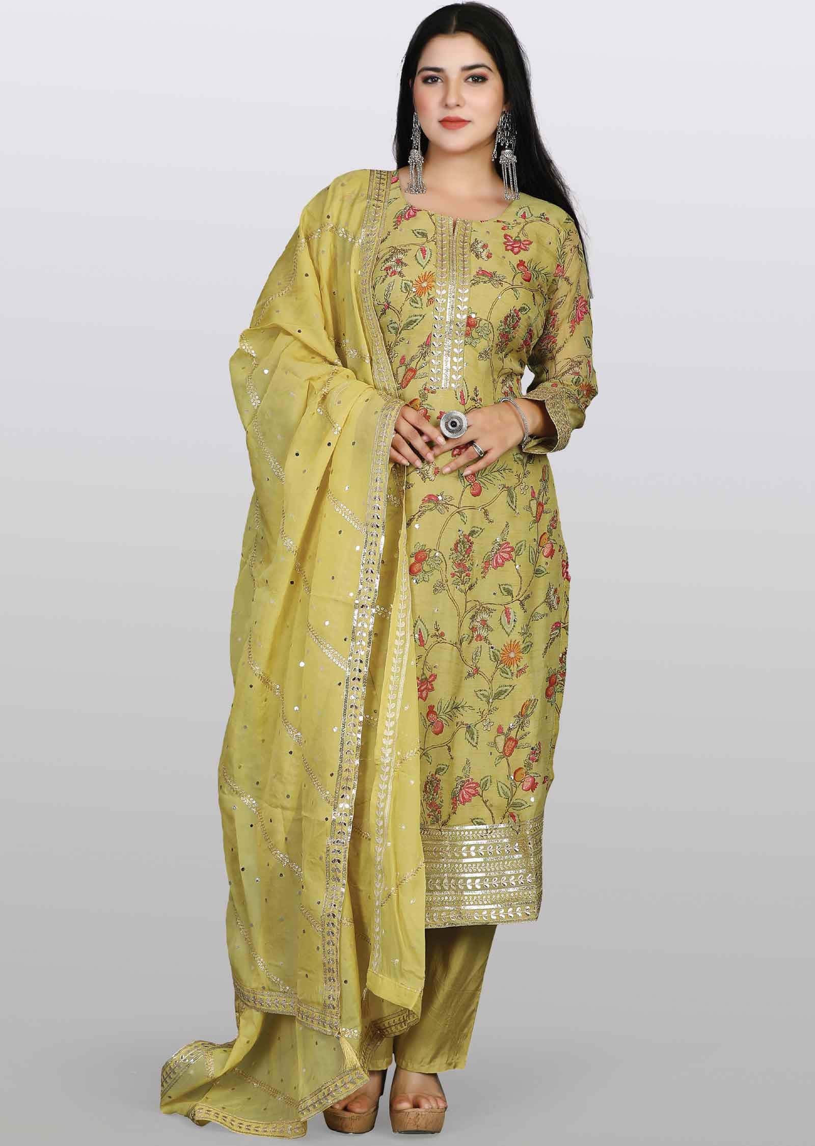 Light Mehandi Green Organza Sequins & Gota work Straight cut suits