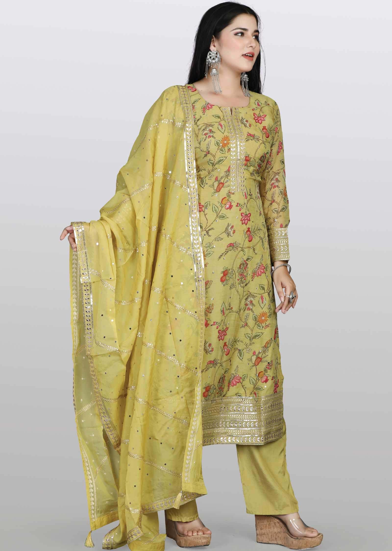 Light Mehandi Green Organza Sequins & Gota work Straight cut suits