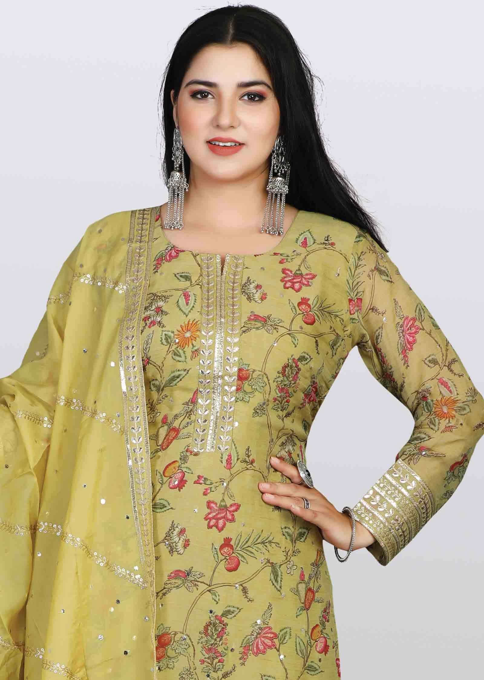 Light Mehandi Green Organza Sequins & Gota work Straight cut suits